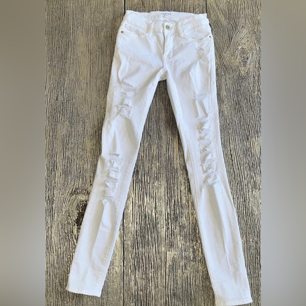 Frame Denim Le Skinny De Jeanne White Destressed Ripped Jeans S24 | Retail $208